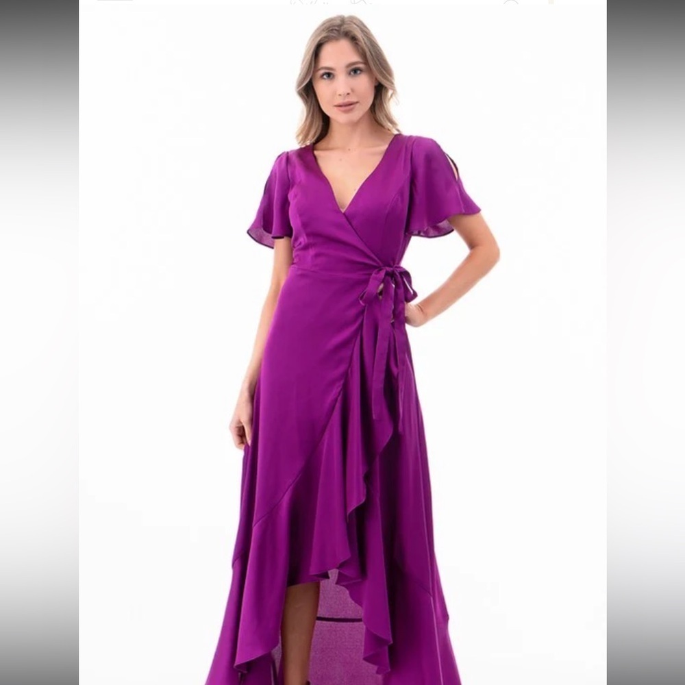 PURPLE WITH FLUTTER SLEEVES RUFFLE WRAP MAGENTA MAXI DRESS 159.00 - Picture 3 of 6